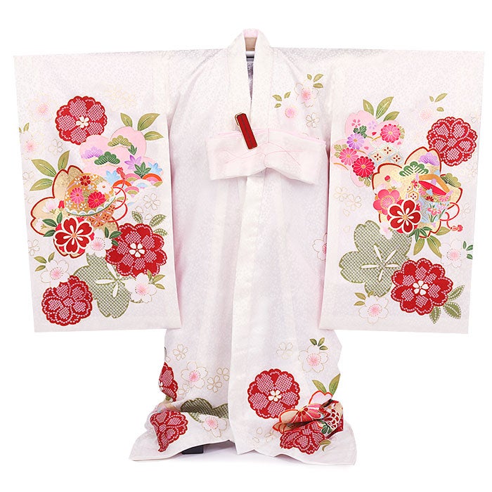 お宮参り着物女の子絹100%正絹初着掛け着産着白ホワイト毬桜万寿菊梅糸巻き宝尽くし鹿の子青海波吉祥紋様吉祥紋友禅刺繍金彩新品日本製販売購入きもの祝い着のしめ初着祝着一つ身服装赤ちゃんベビー