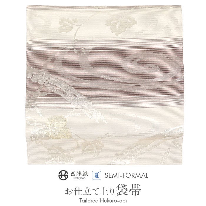 夏帯 袋帯 ＜オフホワイト＆ピンク系／流水花＞ 正絹 絽 綴れ 仕立て上がり