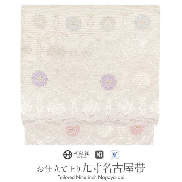 O−74夏用絽名古屋帯 夏帯 夏名古屋帯 絽綴れ 正絹 八寸帯 お太鼓柄 白ベージュ 菖蒲 絽 長