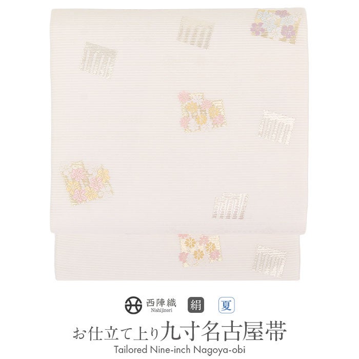 夏帯 名古屋帯 紗 地紙に花模様 流水 薄乙女色 O-3718 名古屋帯 夏帯 夏名古屋帯 白 銀 金 源氏香 小花 絽 西陣織 佐々木染織