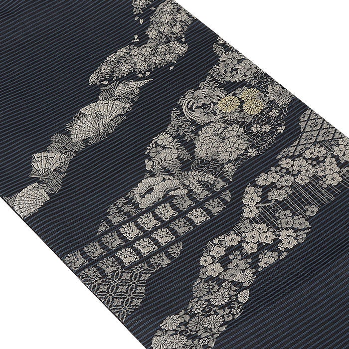 名古屋帯 夏 夏名古屋帯 夏帯 黒 青 シルバー 縞 雲取り 吉祥文 花 絽