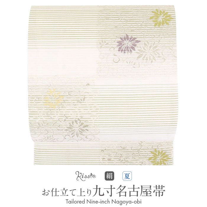 名古屋帯 夏 夏名古屋帯 夏帯 白 薄緑 縞 市松 花唐草 絽 廣部織物
