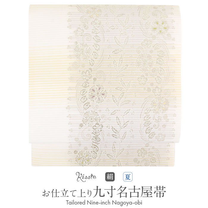 夏＊名古屋帯 絽 黄色の花模様 白地 和装 普段着物 正絹 小紋に＊7NS32 新品 夏帯 絽 九寸名古屋帯 金と銀の雪輪 薄黄色 - からん