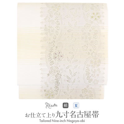 名古屋帯 夏 夏名古屋帯 夏帯 白 薄黄 縞 辻が花 絽 廣部織物 普段用 