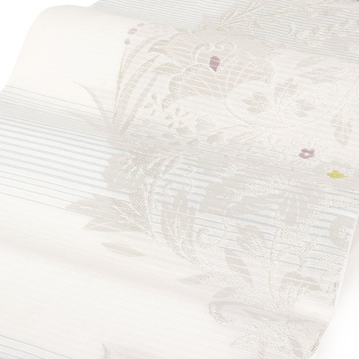 ★ 美品　名古屋帯　夏　落款　絽　白　洗える　花★ r680 名古屋帯 夏 夏名古屋帯 夏帯 白 水色 縞 唐花 絽 廣部織物 普段用 九