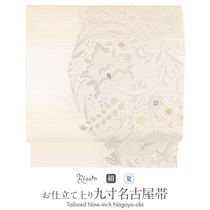 名古屋帯 夏 夏名古屋帯 夏帯 白 薄黄 縞 唐花 絽 廣部織物 普段用 九