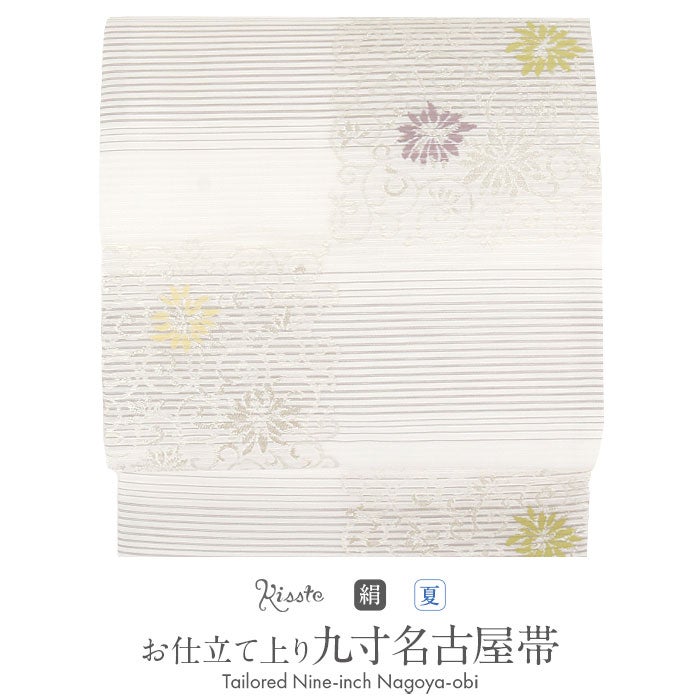 名古屋帯 夏 夏名古屋帯 夏帯 白 グレー 縞 市松 花唐草 絽 廣部織物
