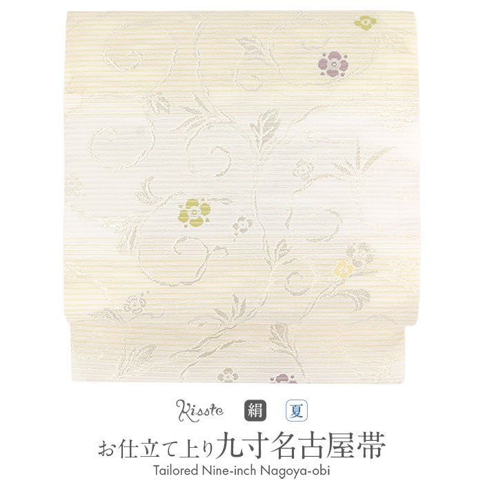 夏帯 名古屋帯 羅 菱形模様 金銀糸 薄卵色 長尺 O-5223 夏帯 名古屋帯 羅 菱形模様 金銀糸 薄卵色 長尺 O-5223 アウ