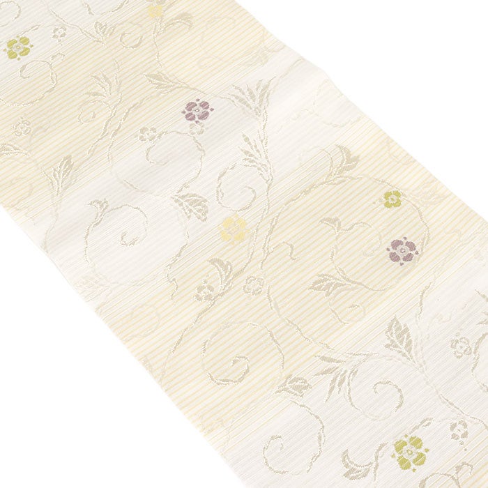 名古屋帯 網目 動物柄 鹿 花唐草 華柄 クリーム色 珍品 NO-1392 名古屋帯 夏 夏名古屋帯 夏帯 白 薄黄 縞 花唐草 絽 廣部織物 普段用