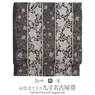 名古屋帯 夏 夏名古屋帯 夏帯 黒 紫 ラメ 縞 葡萄唐草 絽 廣部織物 