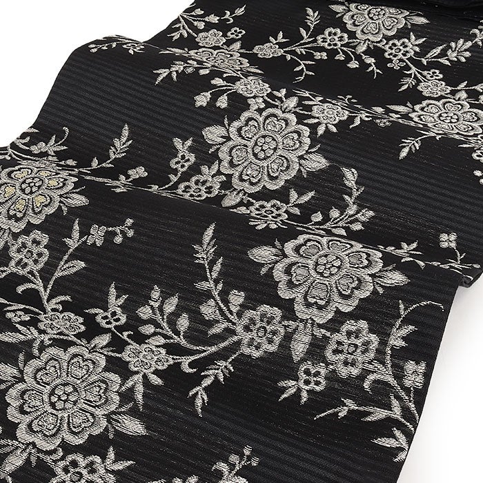 名古屋帯 夏 夏名古屋帯 夏帯 黒 ラメ 花唐草 絽 廣部織物 普段用 九寸