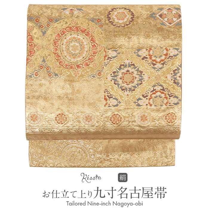 名古屋帯ゴールド宝相華文やまひろ工藝九寸仕立て上がり絹未使用新品春秋冬おびなごや帯小紋色無地御召和装セミフォーマル通販購入obi