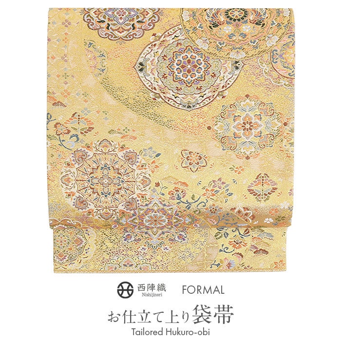 美品 本金箔24K 袋帯 御所車 花文様 金色系 留袖 訪問着 礼装 袋帯 帯 フォーマル 礼装 黒留袖 色留袖 訪問着 ゴールド 金 流水 華紋
