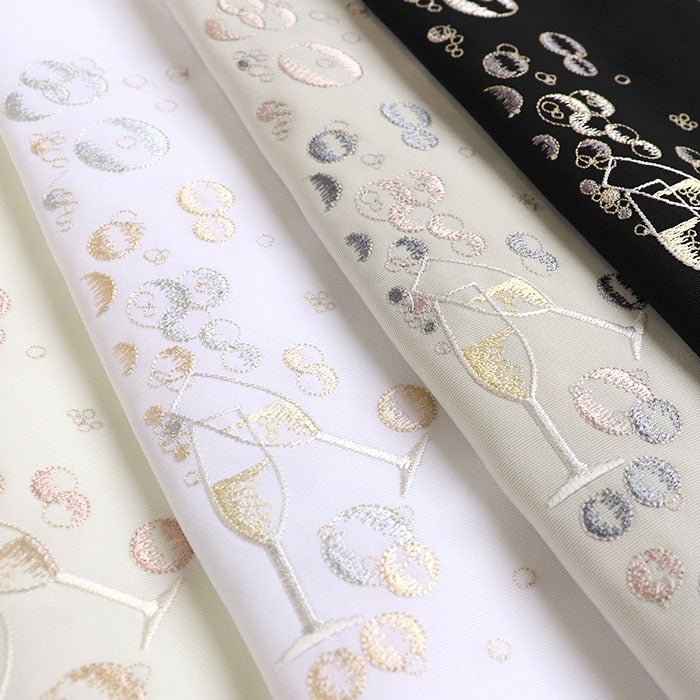 半襟半衿刺繍半衿普段用うれしづくし白黒グレージュアイボリーシャンパングラス4色展開日本製2wayメール便対応可カジュアル小紋紬色無地御召和装通販購入刺繍2通り衿元刺しゅう乾杯バブル泡キステ