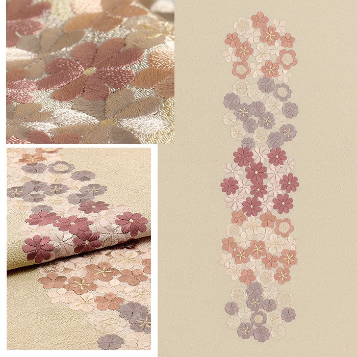 締め帯揚げセット2点セット成人式振袖用ちりめんニュアンスカラーくすみカラー花の丸花刺繍パール花飾り丸組組紐マスタード生成り振袖卒業袴振り袖ママ振おしゃれはたち結婚式帯〆帯じめ帯あげおびあげ絹ポリエステルコーデ済み迷わない
