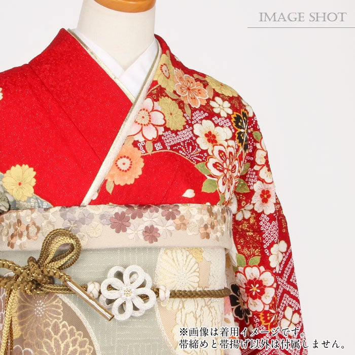 締め帯揚げセット2点セット成人式振袖用ちりめんニュアンスカラーくすみカラー花の丸花刺繍パール花飾り丸組組紐マスタード生成り振袖卒業袴振り袖ママ振おしゃれはたち結婚式帯〆帯じめ帯あげおびあげ絹ポリエステルコーデ済み迷わない