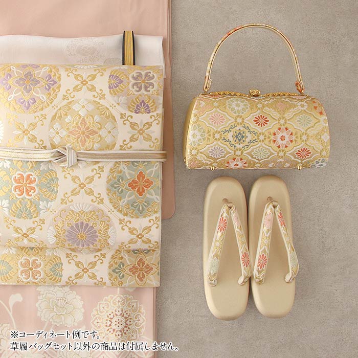 草履バッグセット留袖用訪問着用振袖用草履バッグ紗織沙織MサイズLサイズ金銀ゴールドシルバー2サイズ2カラー雲菱西陣織帯地日本製痛くない黒留袖色留袖振袖卒業袴礼装用フォーマル結婚式ぞうり草履草履バック草履バックセット着物