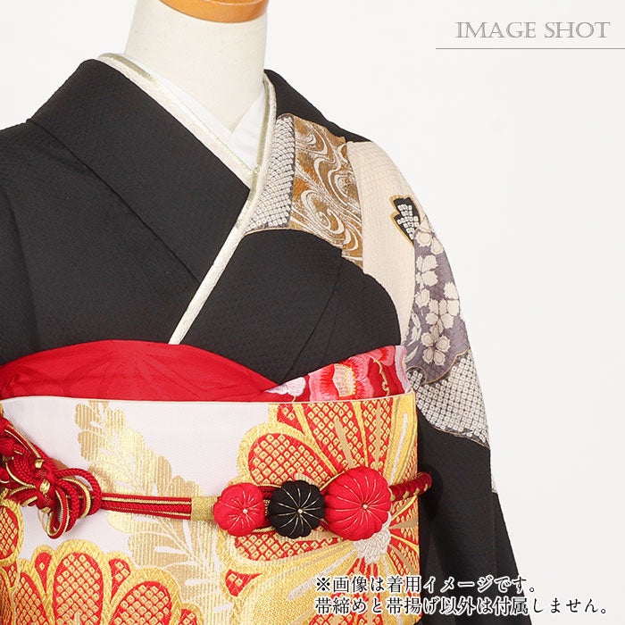 帯締め帯揚げセット振袖2点セット成人式帯締め帯揚げセット振袖用赤黒レッドブラック正絹ちりめん麻の葉雪輪椿刺繍菊花飾り丸組卒業袴振り袖ママ振おしゃれはたち結婚式帯〆帯じめ帯あげおびあげ絹お洒落コーデ済み迷わない